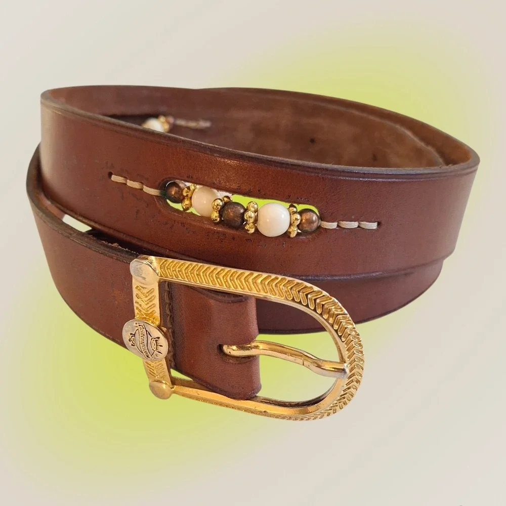 Vintage Tan Leather Boho Western Belt with Gold /Silver Buckle and Accent Beads
